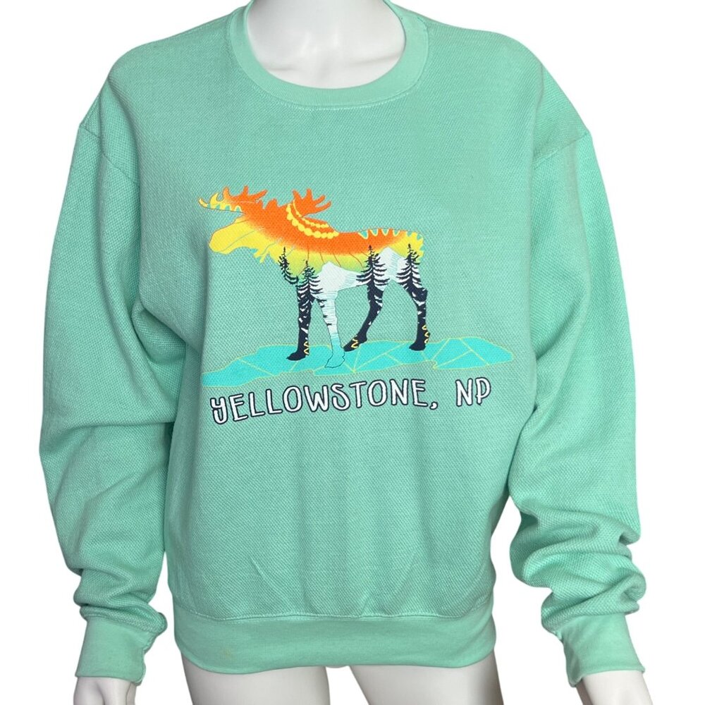 Heritage Wear Sweatshirt Womens S Mint Graphic Yellowstone NP Moose Cotton Blend